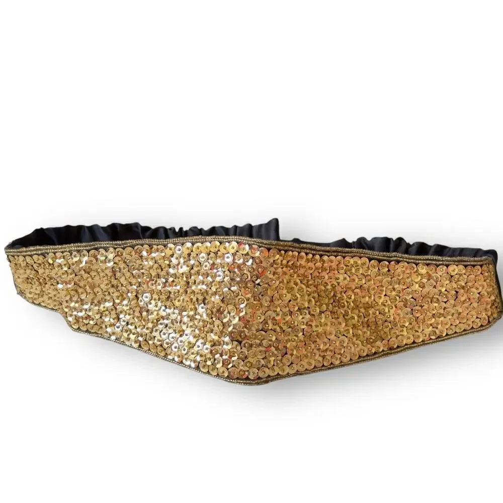 Vintage 1980s Gold Sequin Cummerbund Fashion Belt Black Satin Elastic Small